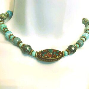 Blue Stone, Art Glass & Tibetan-Style Necklace